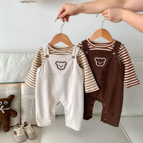 Infant Bear Head Corduroy Overalls Sets