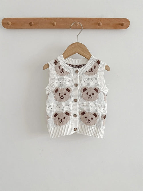 Bear Knitted Sleeveless Single Breasted Sweater